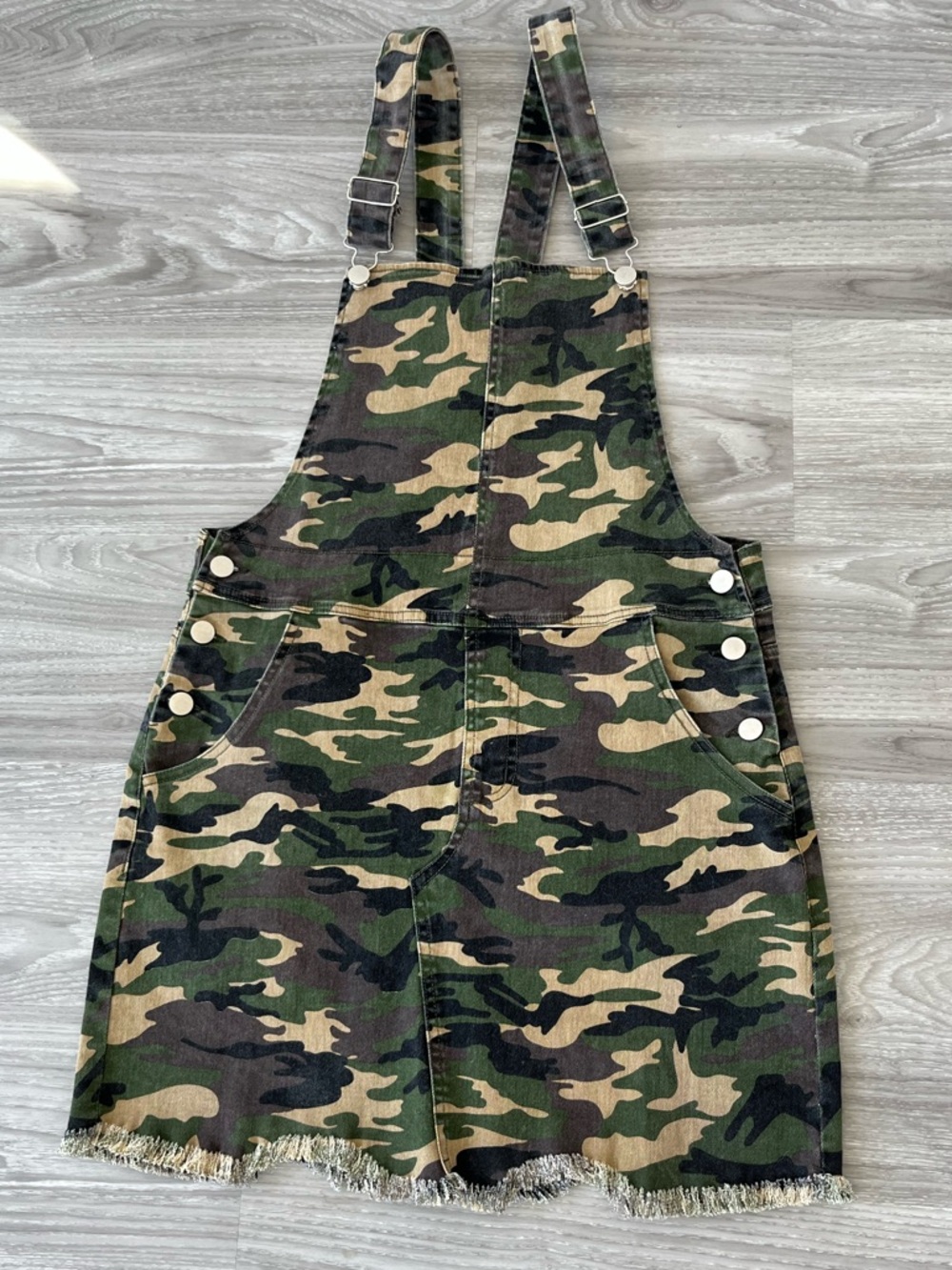 Camo Overall Dress Army Green Utility Pinafore Raw Hem Adjustable with Pockets
